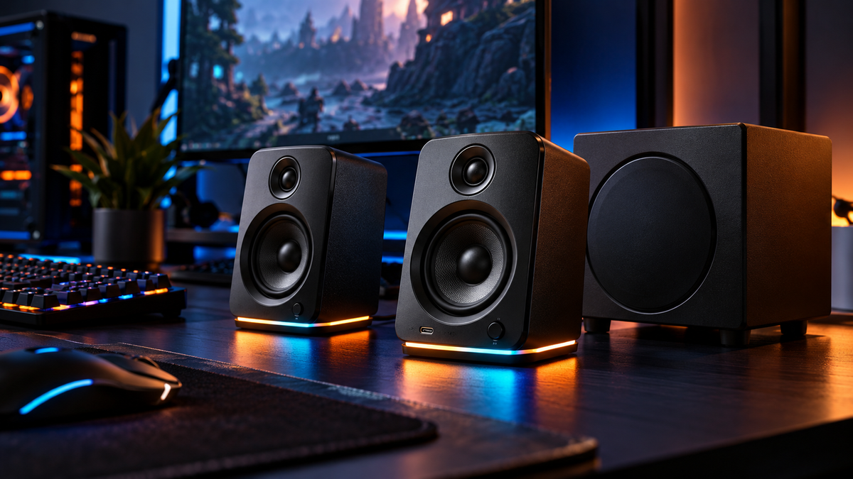 Caixas de som gamer compactas com subwoofer em setup de PC iluminado