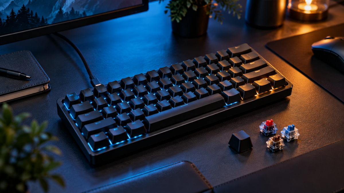 Teclado mecânico compacto em bancada de setup gamer