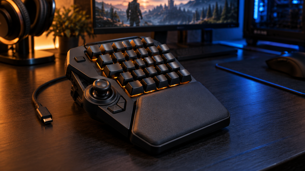 Keypad gamer de uma mão com thumbstick e apoio de pulso em setup competitivo