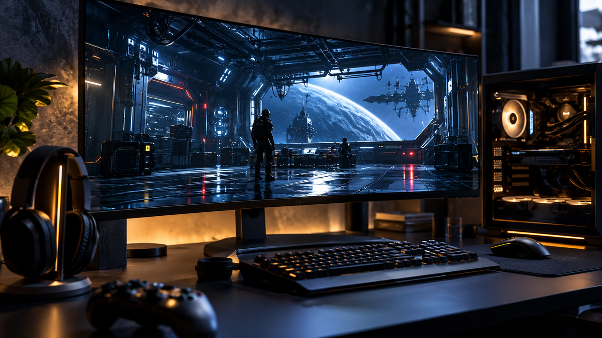 Setup gamer exibindo uma estação espacial futurista em jogo de exploração