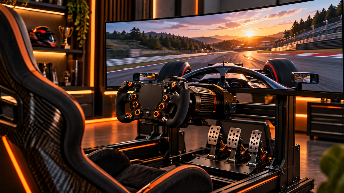 Cockpit de sim racing representando o Logitech G RS50 McLaren Racing Bundle