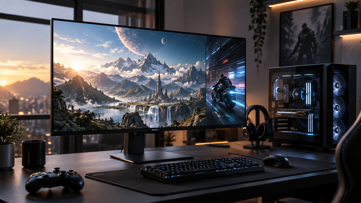 Setup gamer com monitor de alta resolução representando o Samsung Odyssey G8 6K