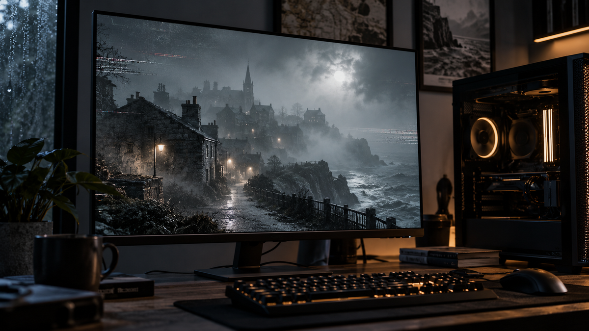 Setup gamer exibindo uma vila costeira enevoada e sombria em clima de terror psicológico