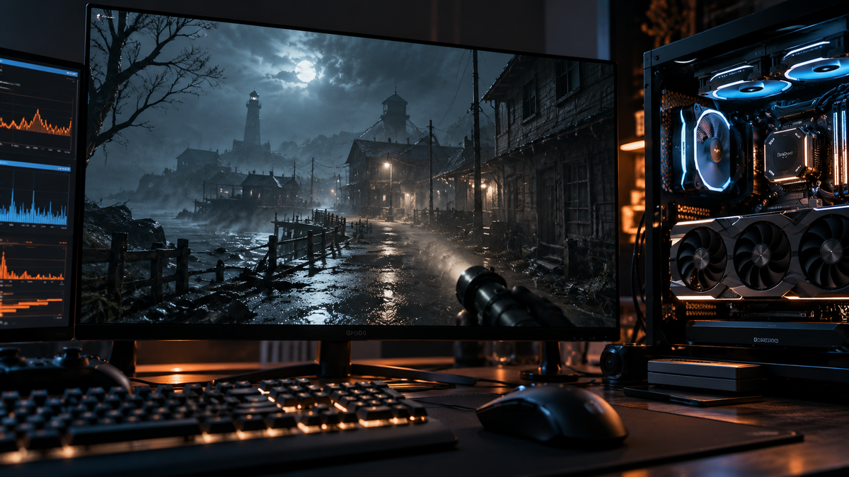 Setup gamer com cenário de horror representando análise de desempenho de Silent Hill Townfall em 4K