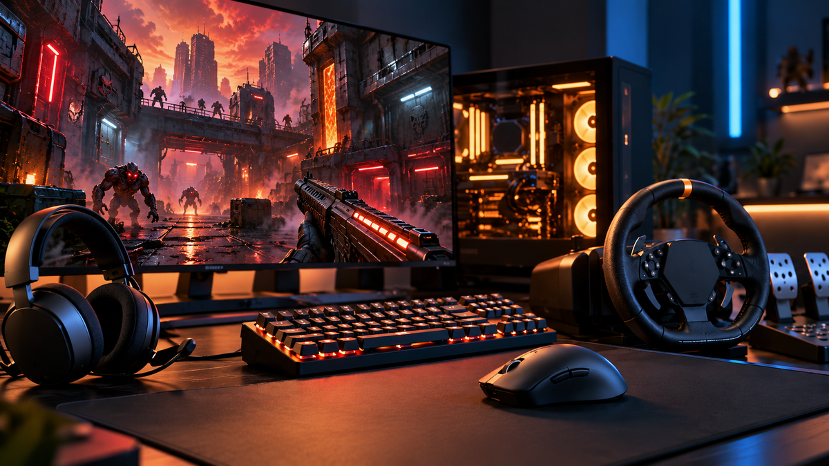 Setup gamer com FPS retrô futurista representando SiN Reloaded