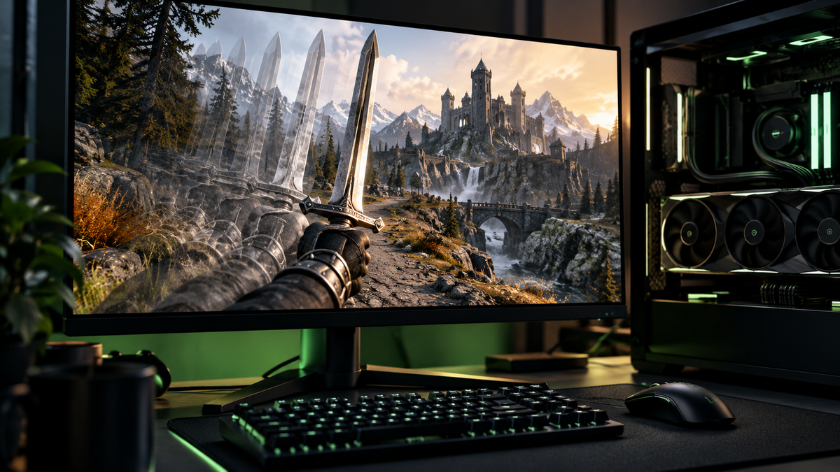 Setup gamer com RPG de fantasia e efeito de frame warping representando experimento em Skyrim