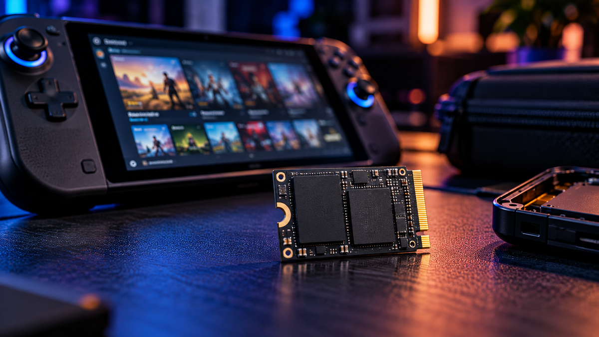 SSD M.2 compacto diante de console portátil representando upgrade de armazenamento 2230 para handheld gamer