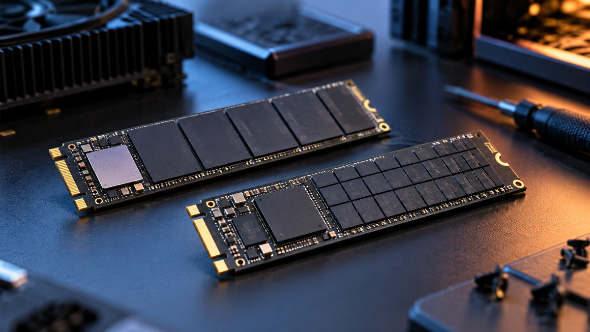 Dois SSDs NVMe com diferentes arranjos de chips NAND em bancada técnica