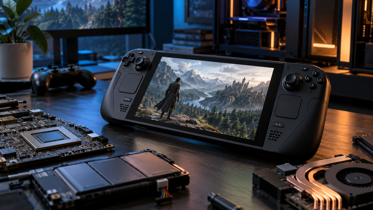 Handheld gamer e componentes representando a próxima geração do Steam Deck