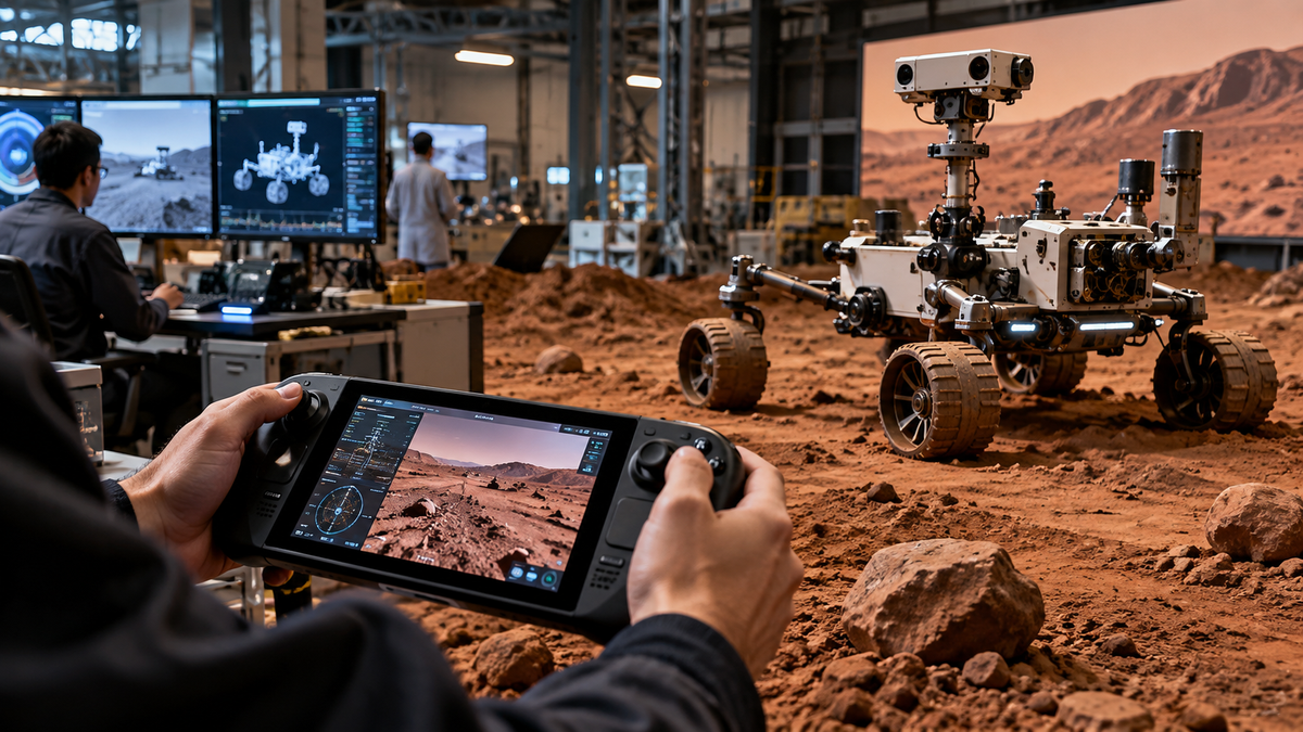 Handheld controlando rover marciano em ambiente de testes representando o uso do Steam Deck pela Airbus