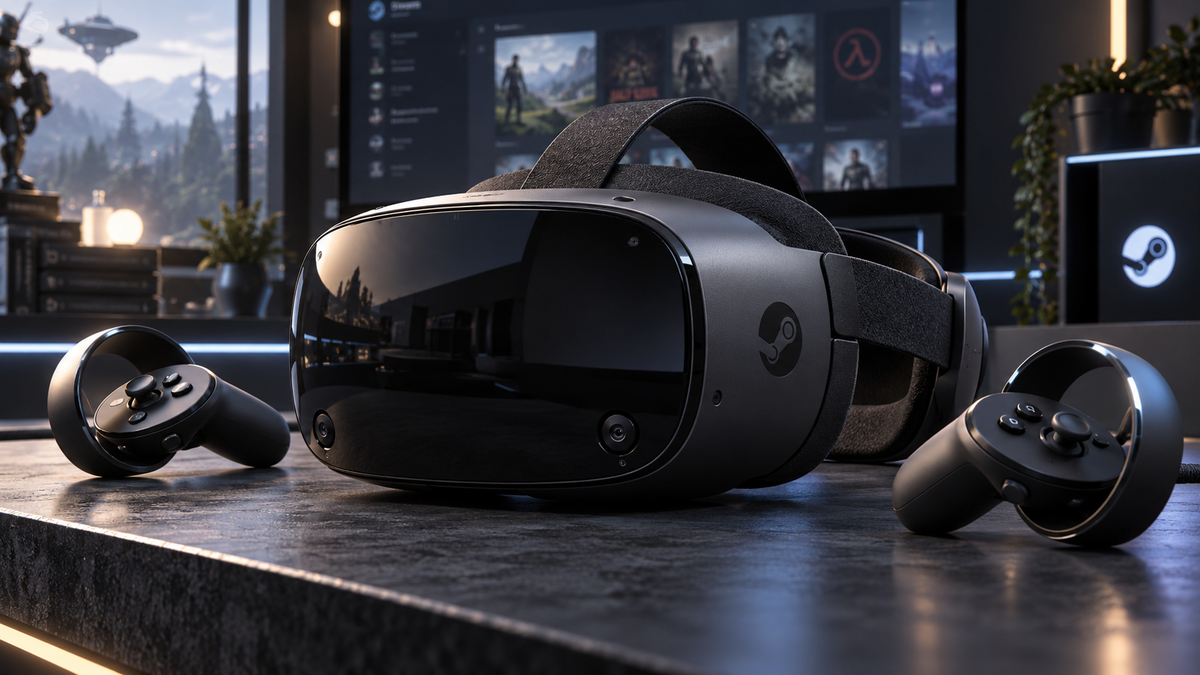 Headset de realidade virtual Steam Frame da Valve em ambiente gamer