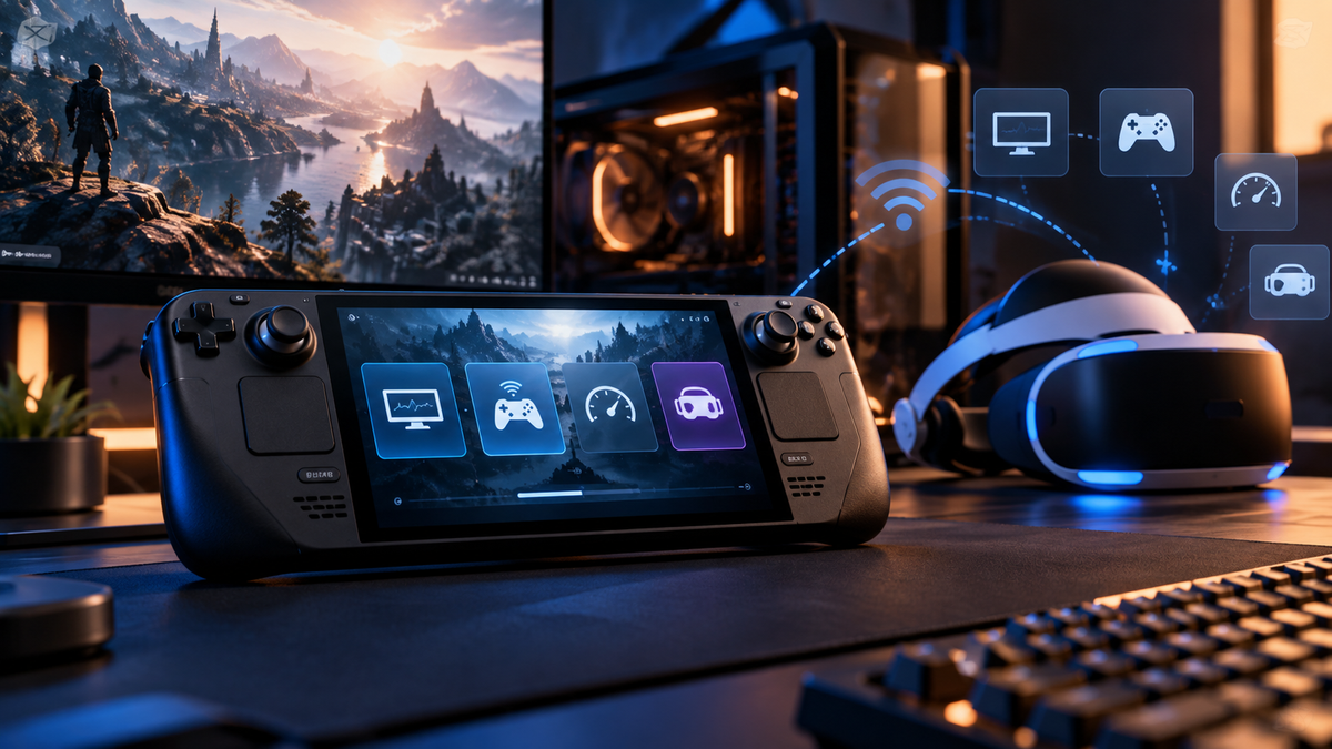 Handheld gamer e headset de realidade virtual representando atualização SteamOS 3.9.2