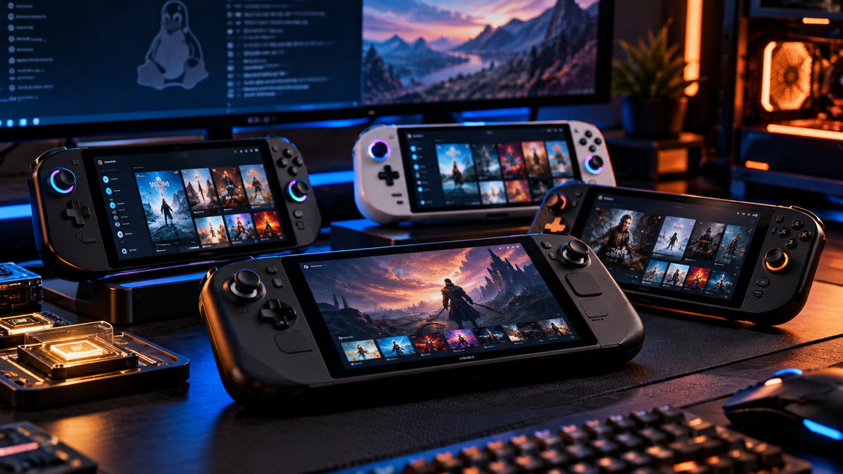 Vários handhelds gamer representando ports comunitários do SteamOS para ARM
