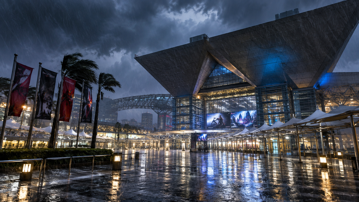 Centro de convenções sob tempestade representando o cancelamento do último dia da Tokyo Game Show 2026
