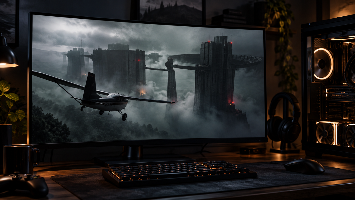 Setup gamer com voo em megaestrutura coberta por neblina representando The Hollowing