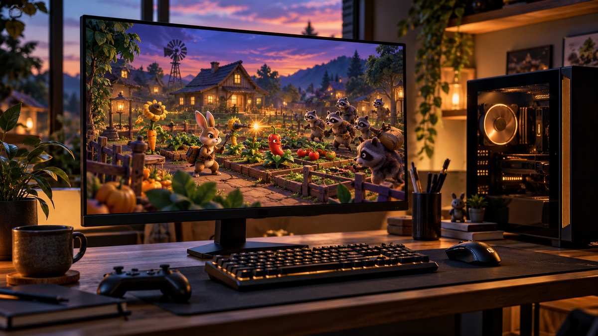 Setup gamer com fazenda e animais representando The Rabbit Haul