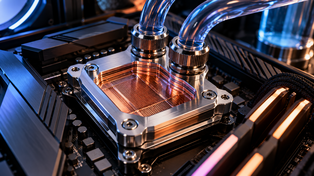 Water block para CPU com base de cobre e corpo em aço inox representando o Thermal Grizzly Mycro Pro