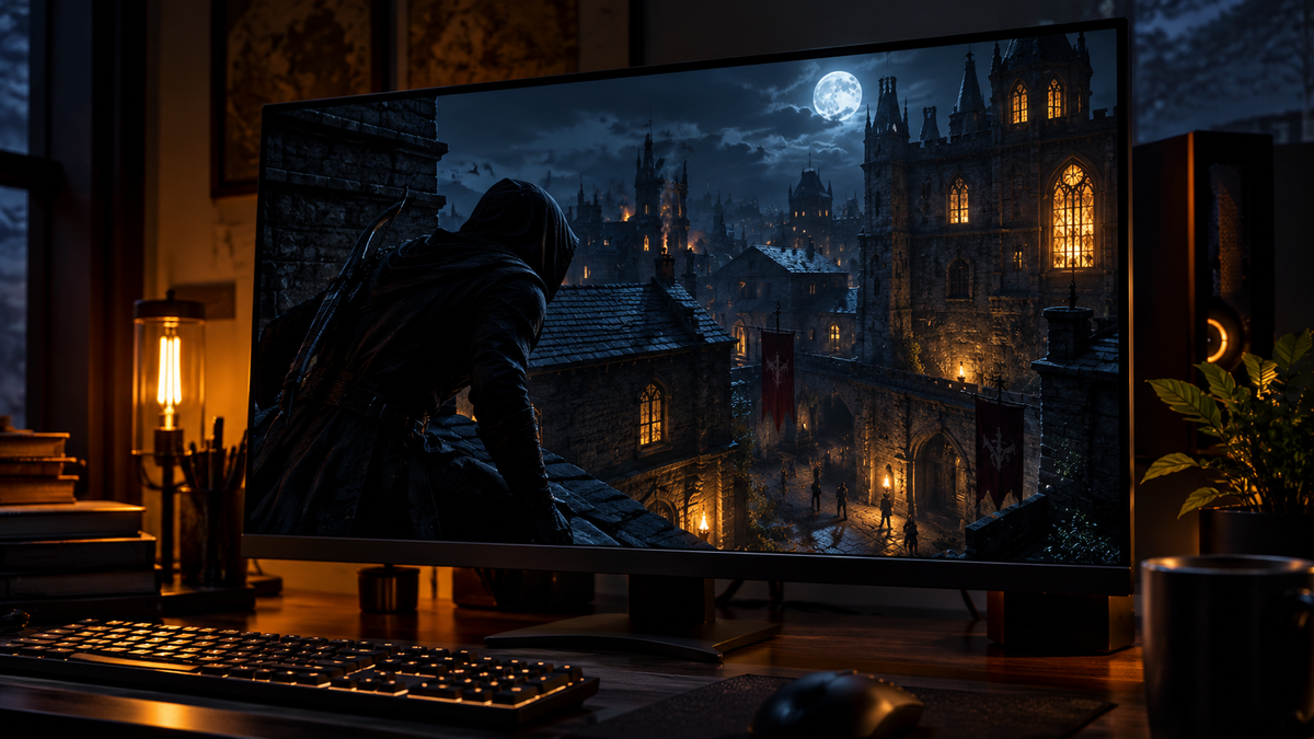 Setup gamer com cena de furtividade medieval representando Thief: The Dark Project Remastered
