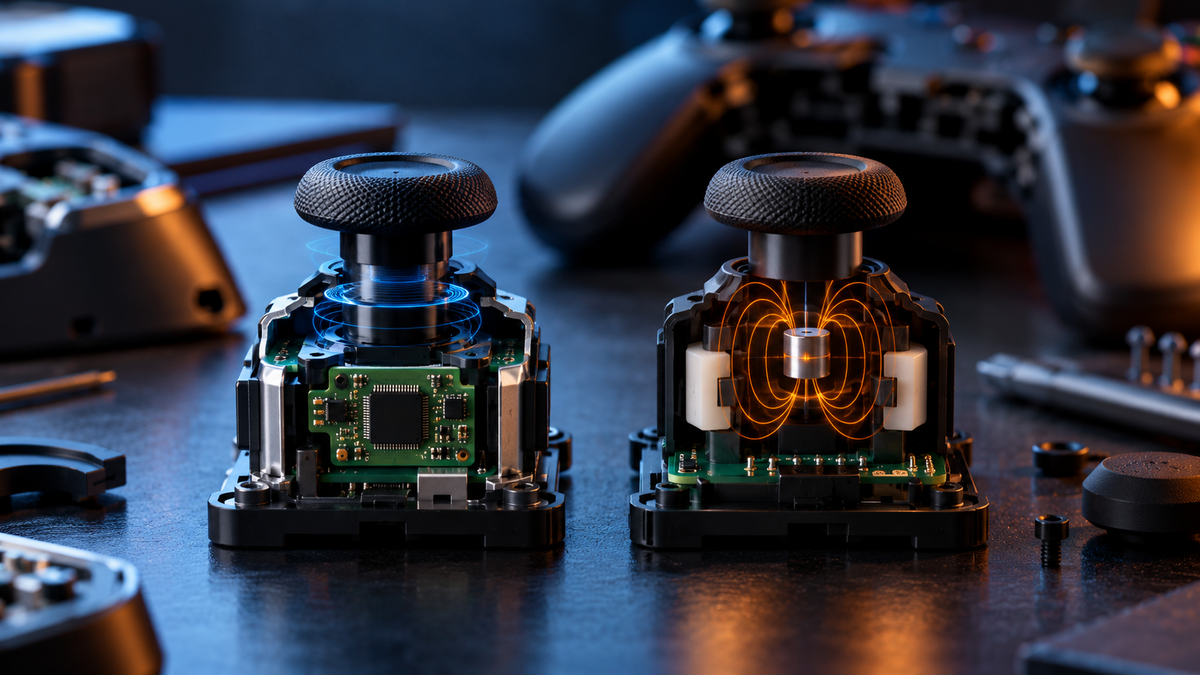 Dois módulos de joystick magnético comparados em bancada de controle gamer