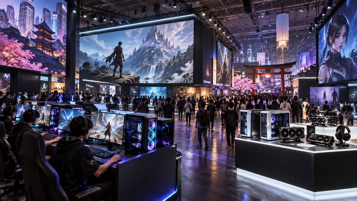 Feira de games e tecnologia com PCs gamer representando a Tokyo Game Show 2026