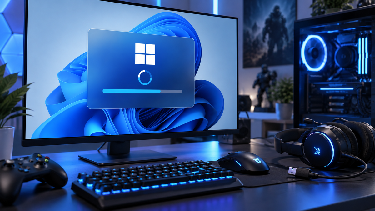 PC gamer com Windows 11 recebendo atualização do sistema e periféricos USB conectados