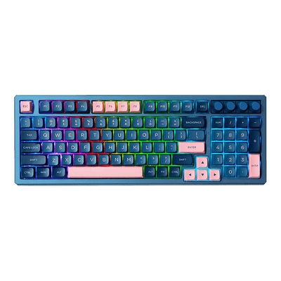 Teclado Gamer Mecânico Skyloong GK980 Blue Pink Aluminun, Switch KTT Brown, 3 Modos, RGB, Hot Swap, 4000mAh