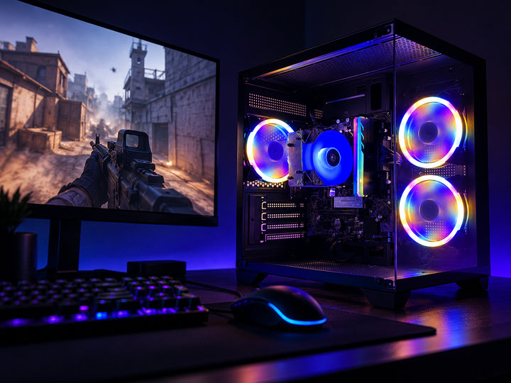 PC gamer do catálogo Shopinfo com gabinete de vidro e iluminação RGB